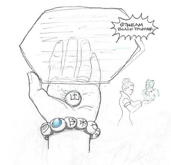 Sketch of a hand holding a bead with a hexagon floating above with a comic text blurb and a woman off to the side.