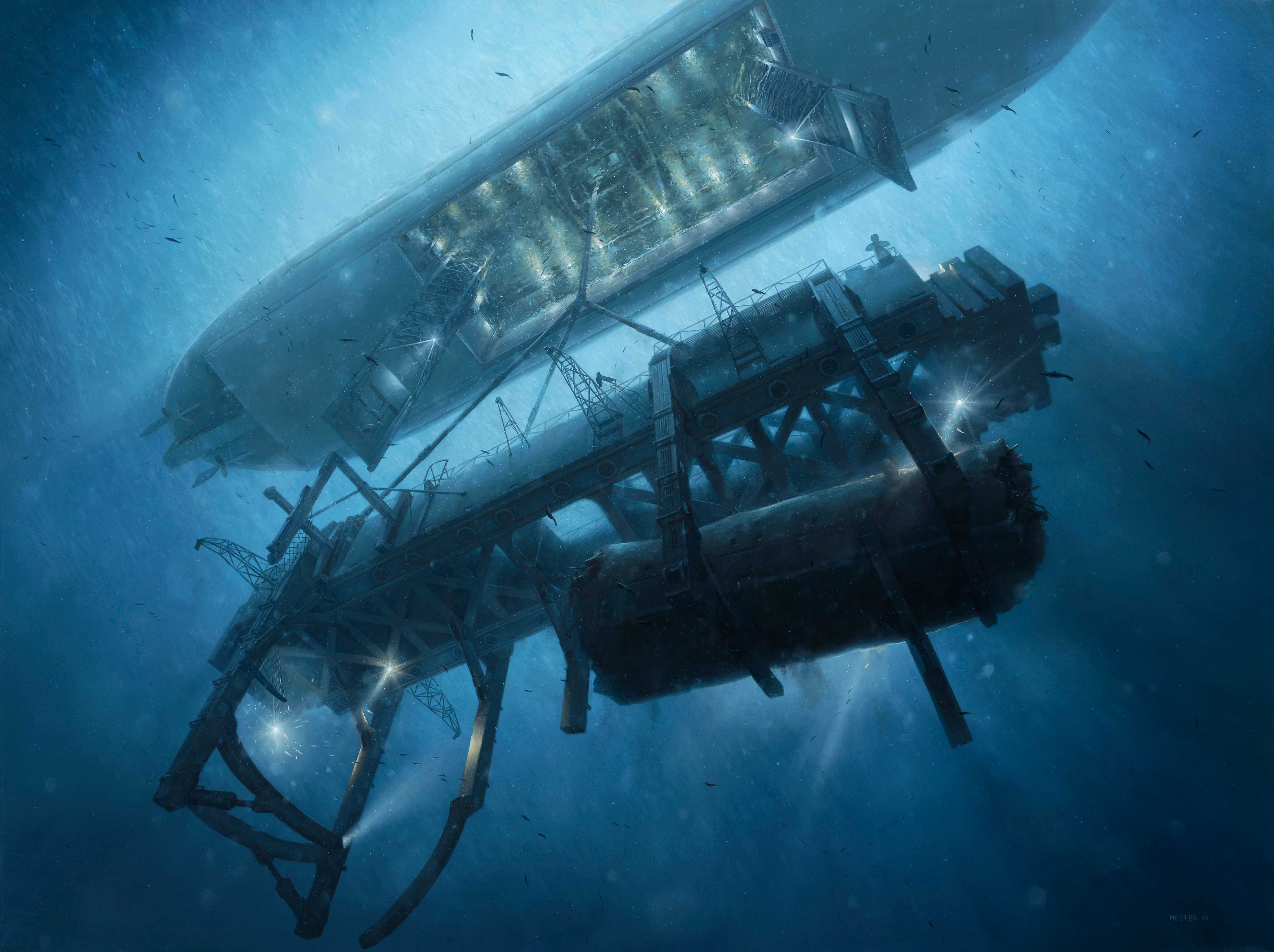 view from underwater, looking up at ship